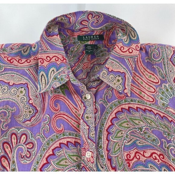 Lauren Ralph Lauren Womens Sz 1X Purple 100% Linen Paisley Print Button Up Shirt - Picture 4 of 4